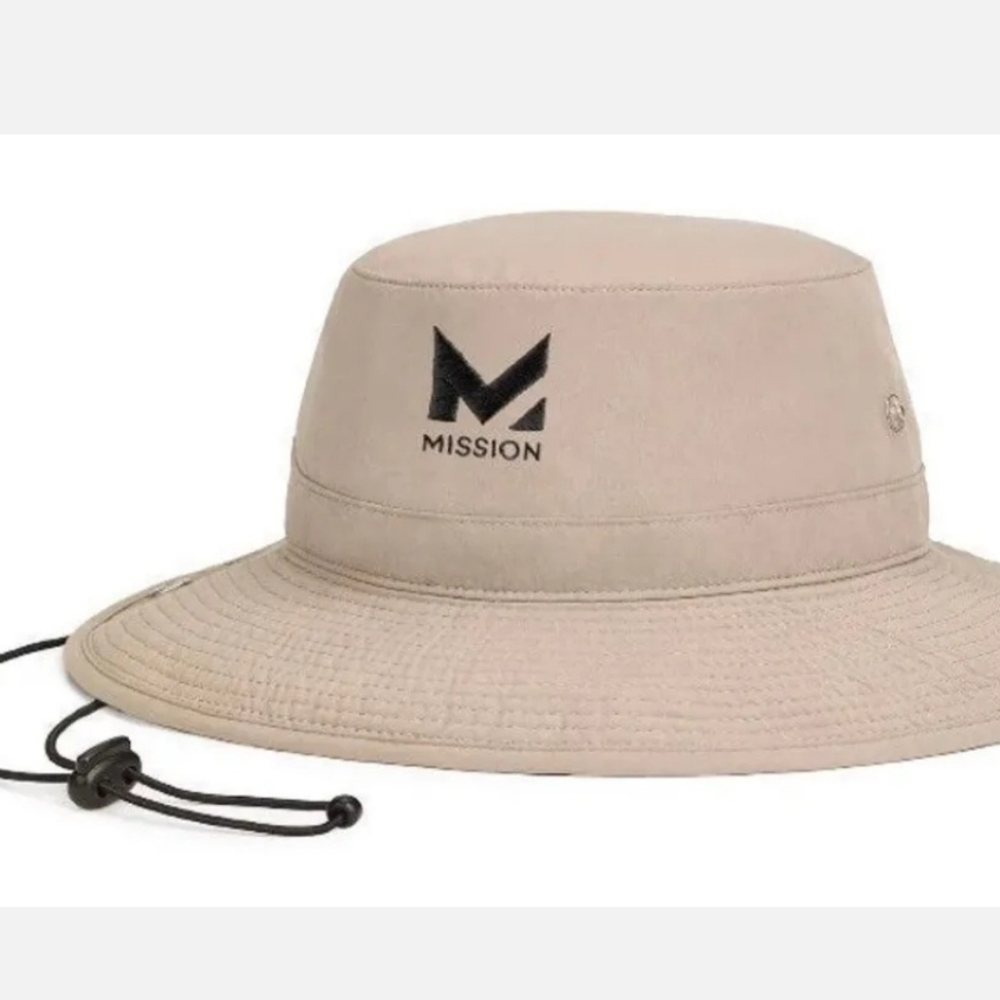 Mission Khaki Cooling UPF 50 Wide Brim Boonie Drawstring Unisex Bucket Hat. NWT